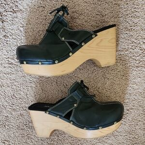 Y2K Splash Black Leather Mules Studded Wooden Platform Clog Wmns 7